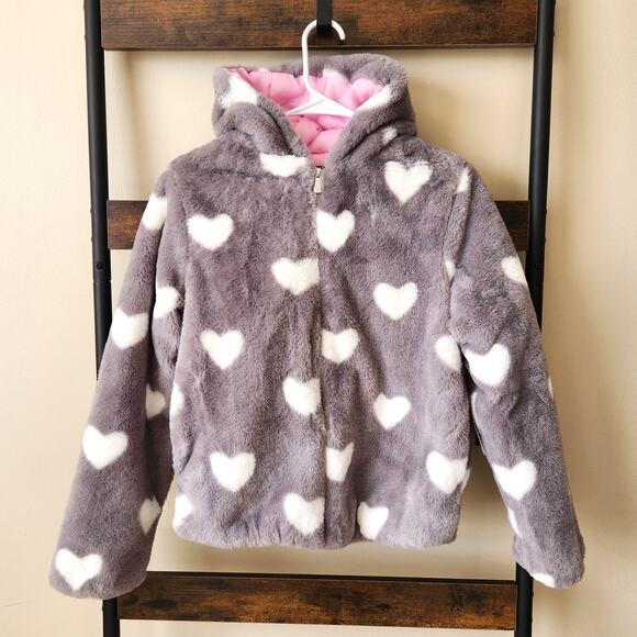 Kenzie Teen Girl's Grey Heart Print Faux Fur Hooded Bomber Jacket Kid Size 14/16